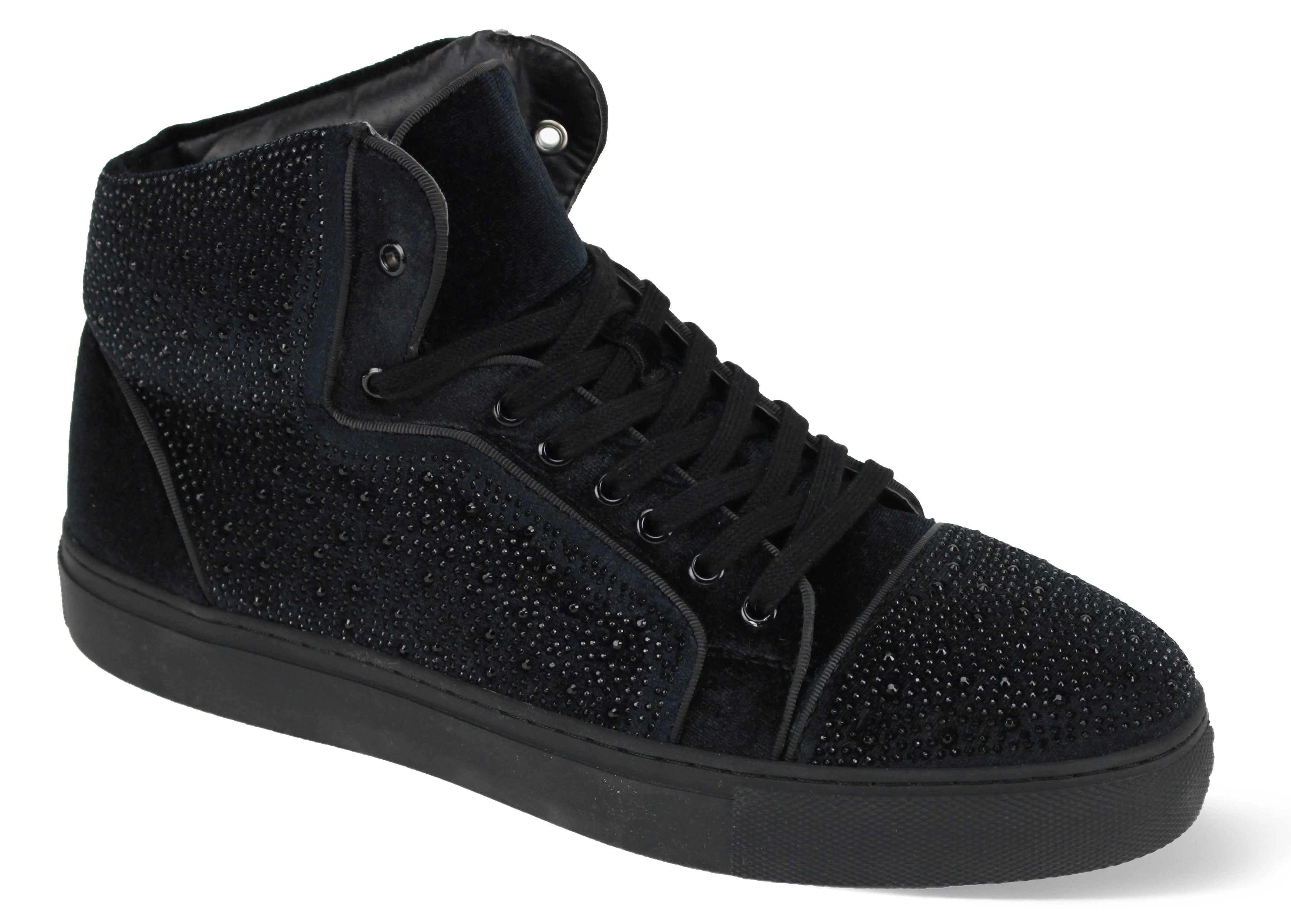 Schwarze Samt High-Top Sneaker für Herren: Glitzernde Rhinestones, AM FLASH Effekt. Dein Style-Statement!
