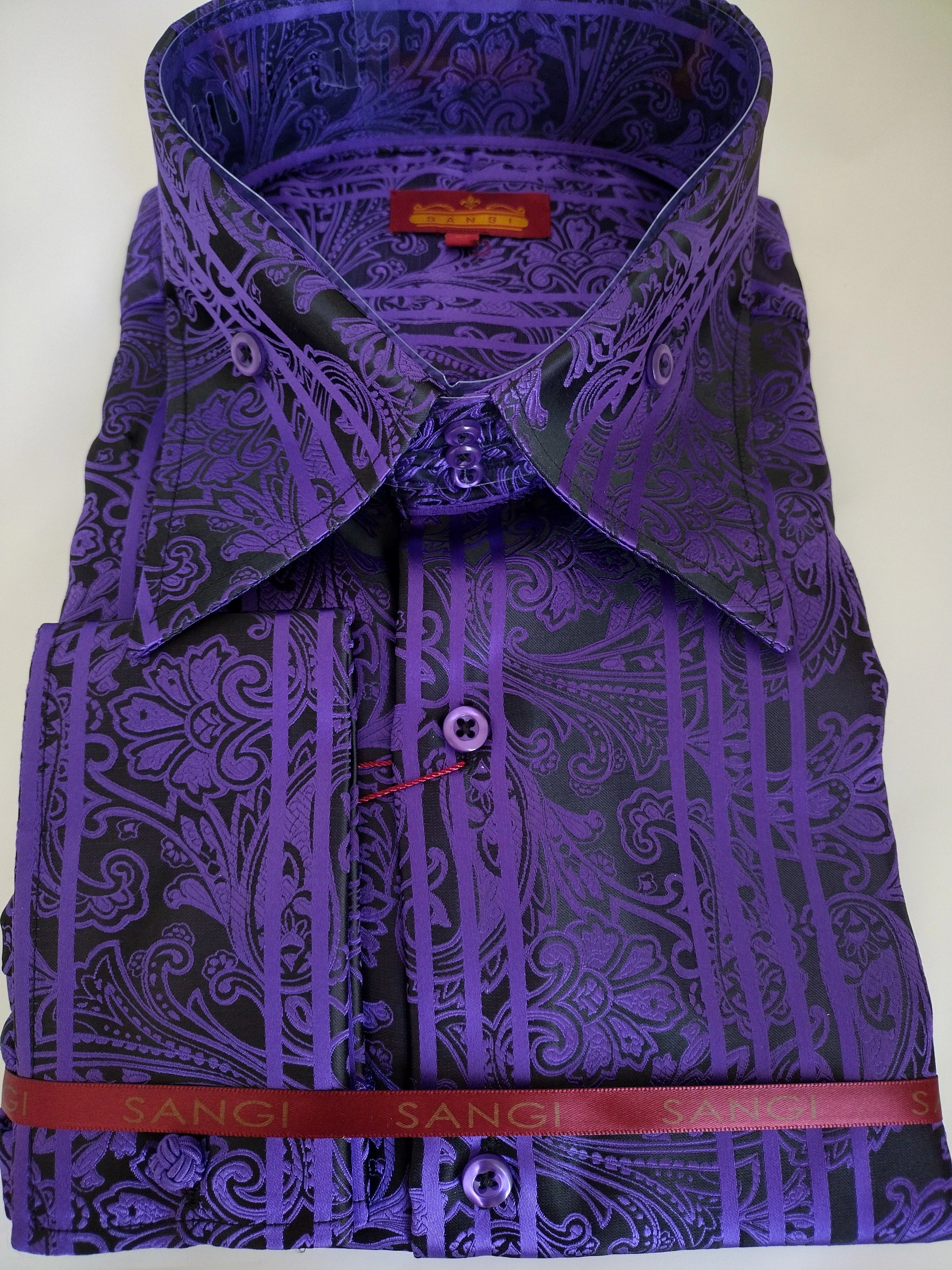 SANGI MONACO: Schwarzes Paisley-Hemd mit hohem Kragen für Herren. Elegante französische Manschetten! Stilvoll und modern.