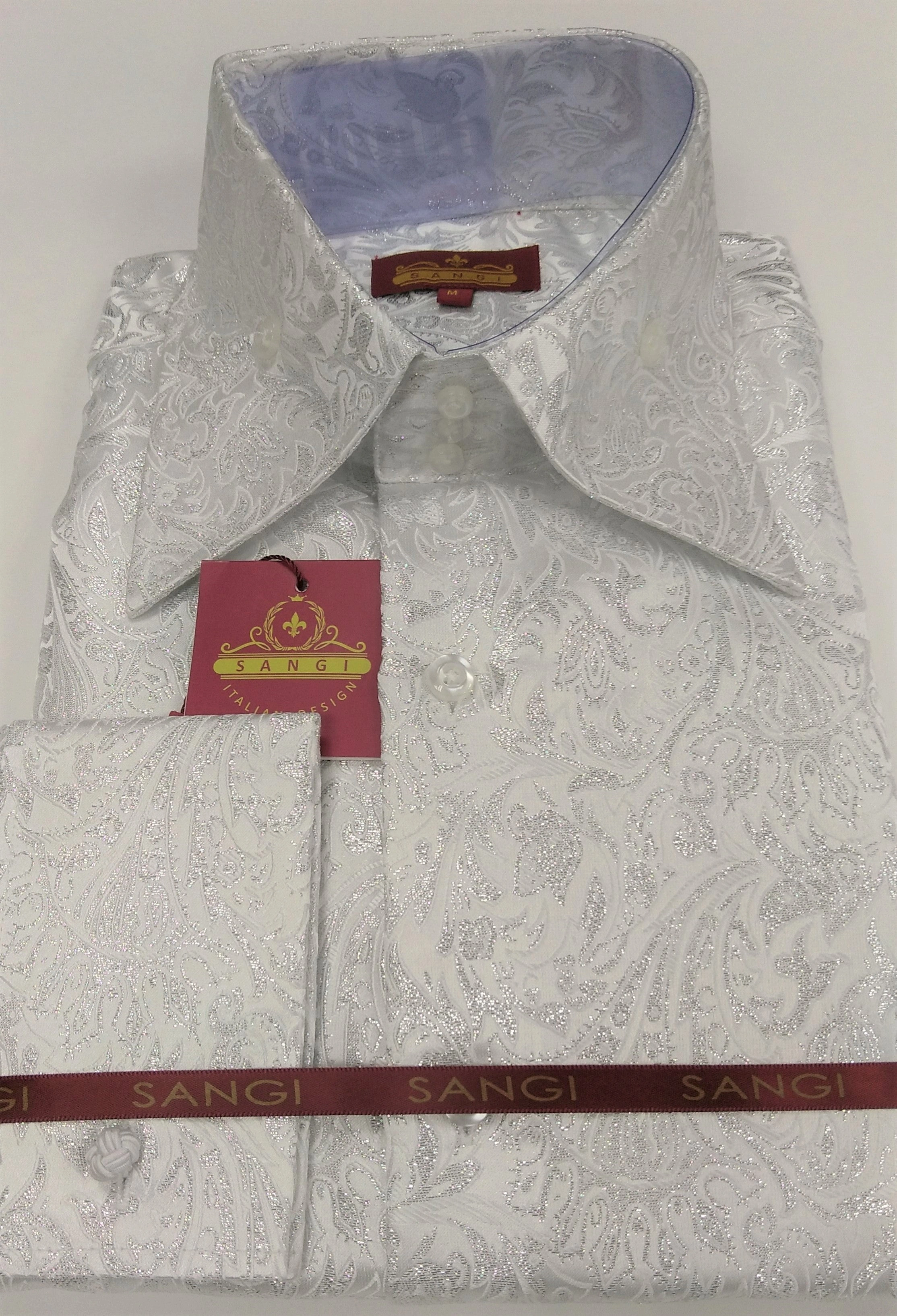 SANGI MILAN: Weißes Herrenhemd mit Silberfolien-Paisley-Muster, hoher Kragen – Stil 2048. Einzigartig!