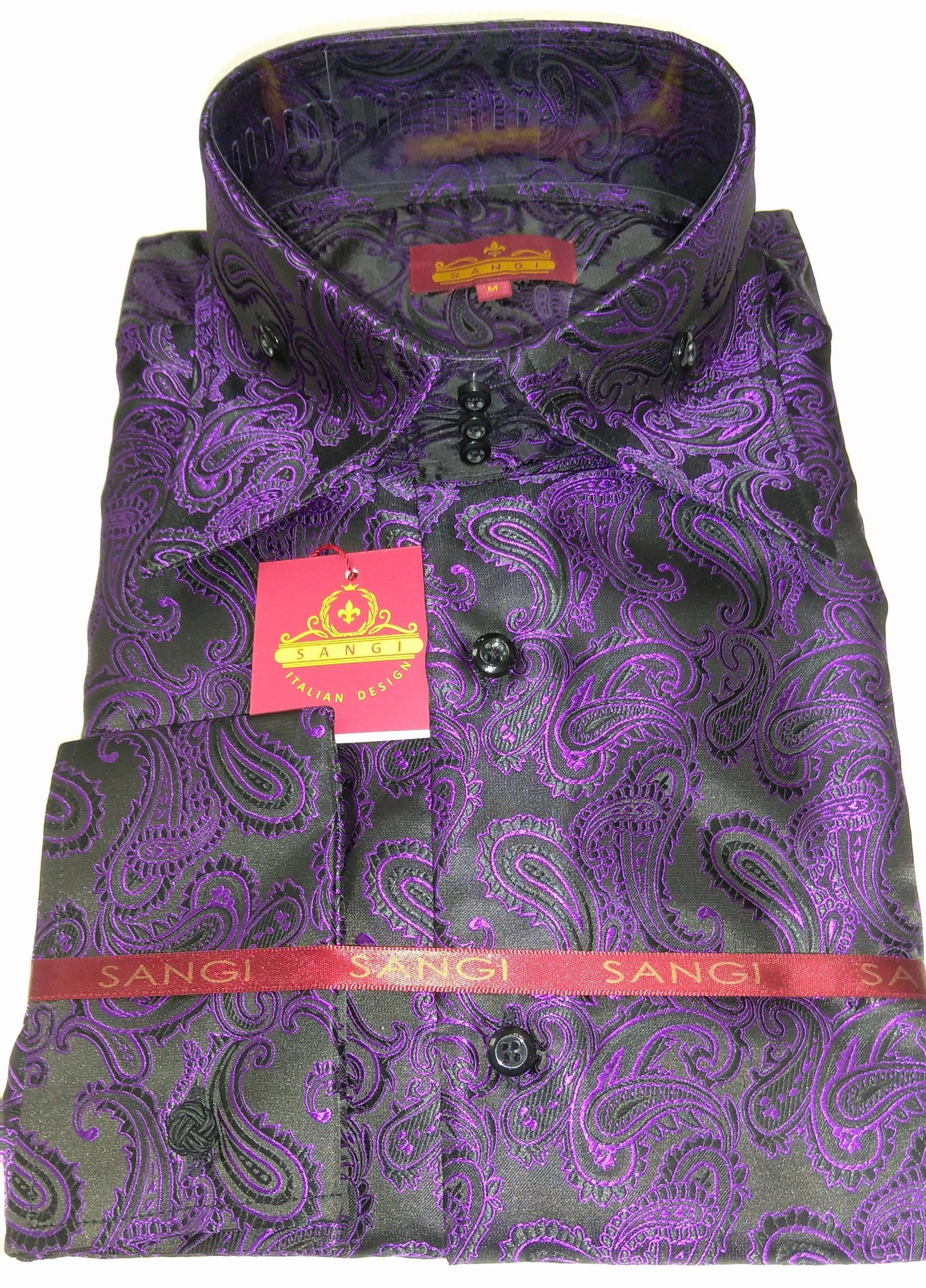 SANGI MILAN: Schwarzes Paisley-Hemd für Herren, lila Akzente, hoher Kragen & Manschettenknöpfe – Eleganz pur!