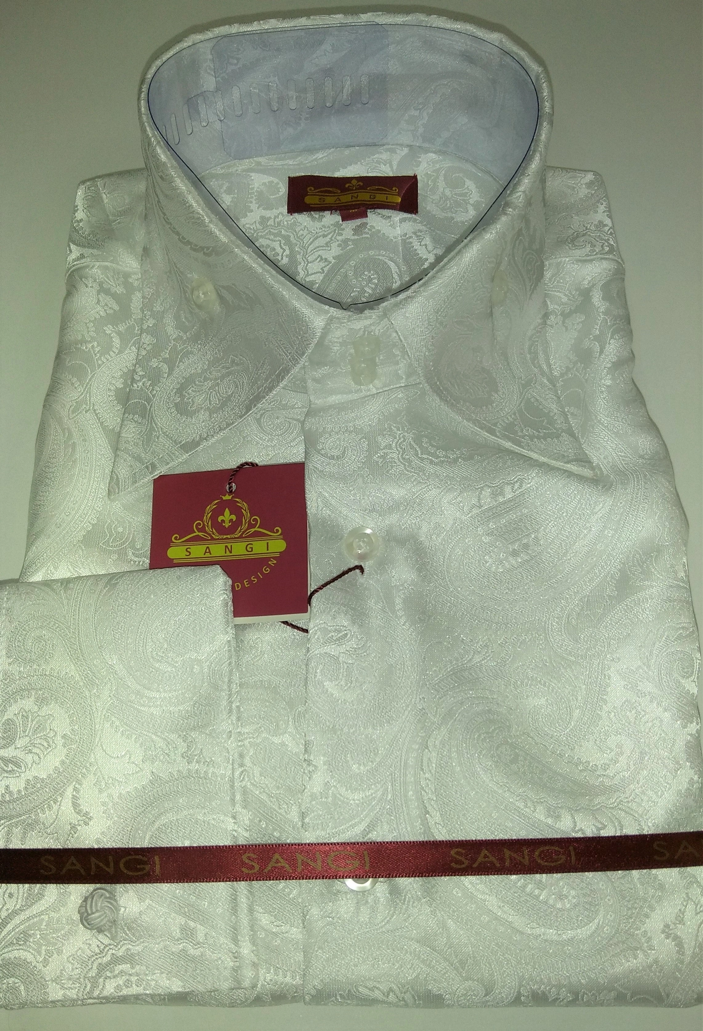 SANGI MILAN: Schimmerndes weißes Paisley Hemd mit hohem Kragen für Herren – Eleganz pur!