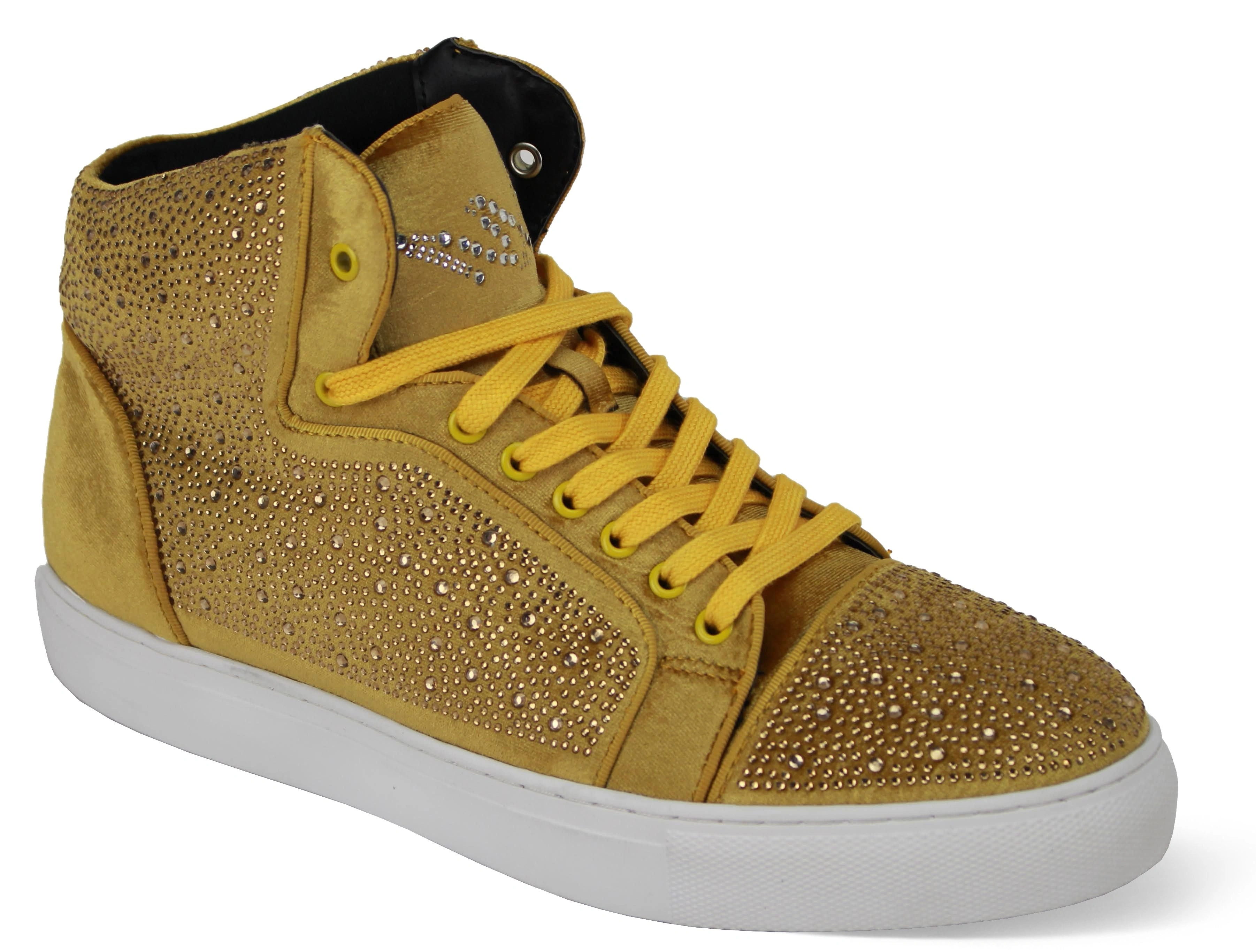 Goldener Blitz auf Samt: Herren-Sneaker mit Strasssteinen, Gelb und Funkelnder Glamour!