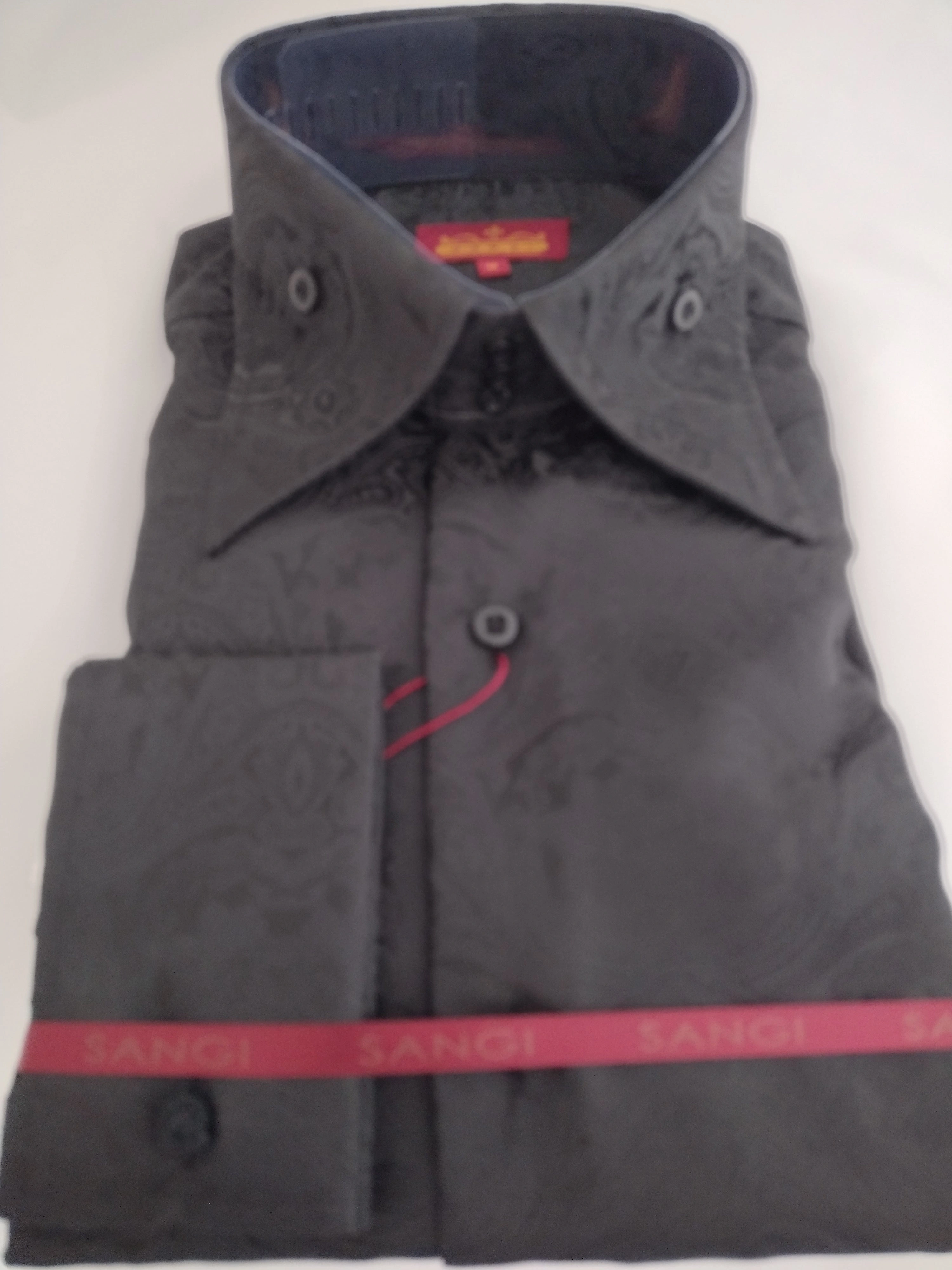 SANGI MONACO Herren Hemd Schwarz Hoher Kragen Manschetten Exquisite Eleganz Stil 2100